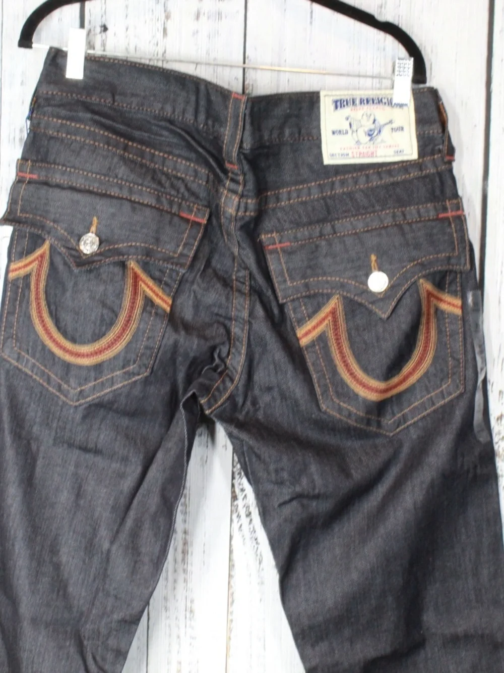 NWT True Religion Straight Leg Flap Jeans Sunset Logo Orange Red Stitch 33